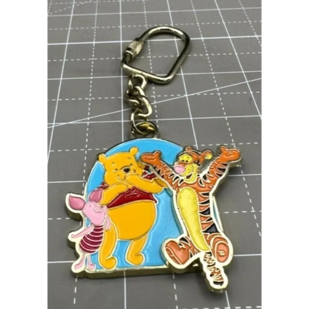 Vintage Pooh Disney Souvenirs Enameled Articulated Bright Brass Keychain w/ Tigg